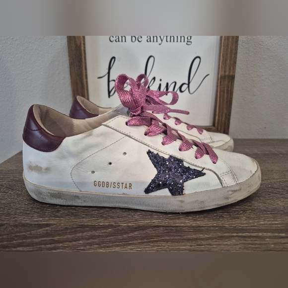 Golden Goose Shoes - Golden Goose White Sneakers with Purple Star and Pink Laces